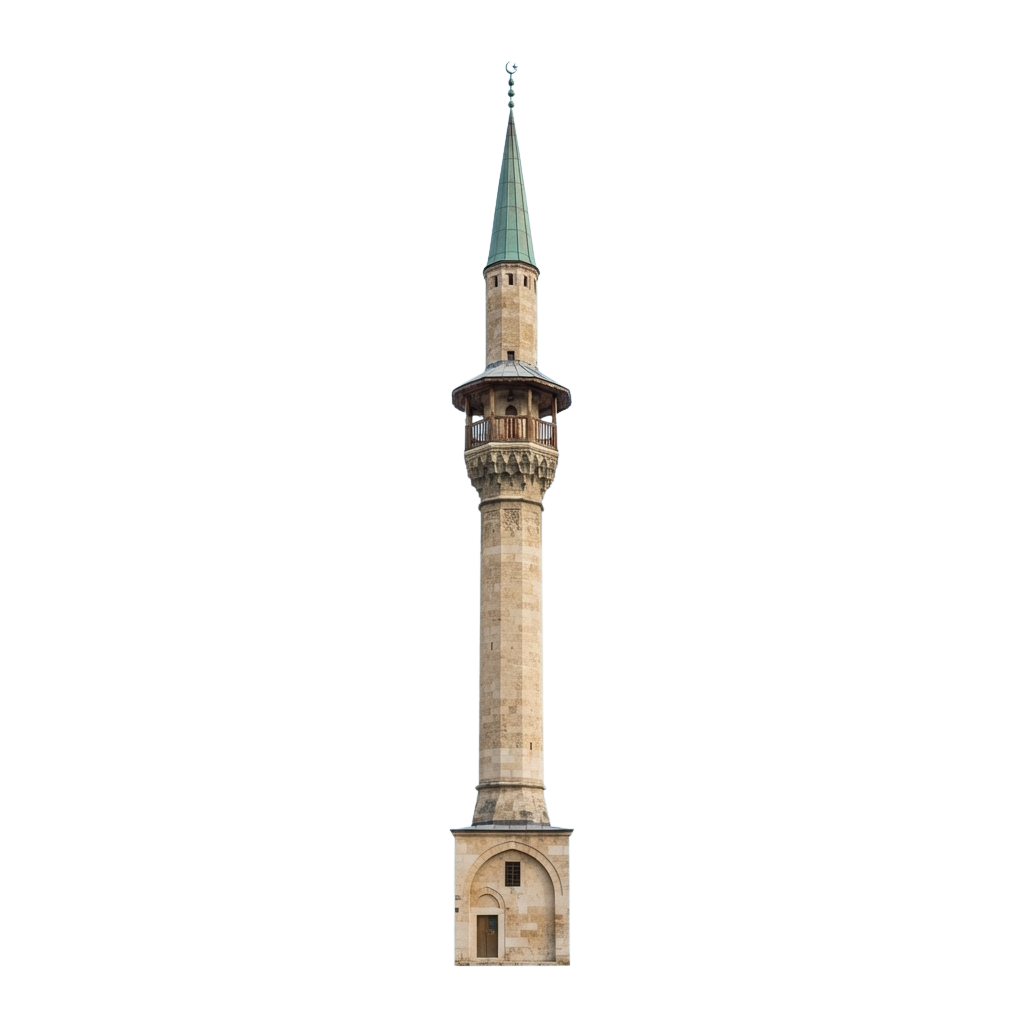 A tall minaret with a green conical roof and pointed spire against a dark background