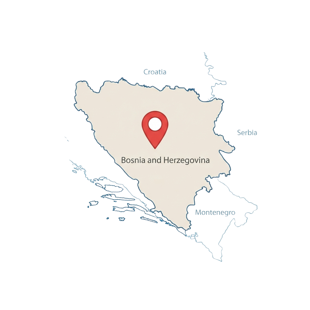 Map of Bosnia and Herzegovina with a red location pin in the center