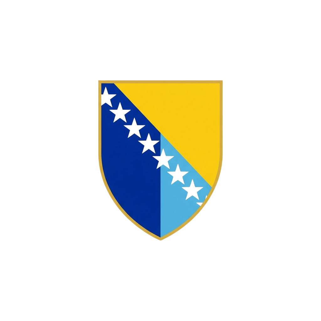 Shield with blue left half featuring seven white stars on diagonal stripe, yellow right half