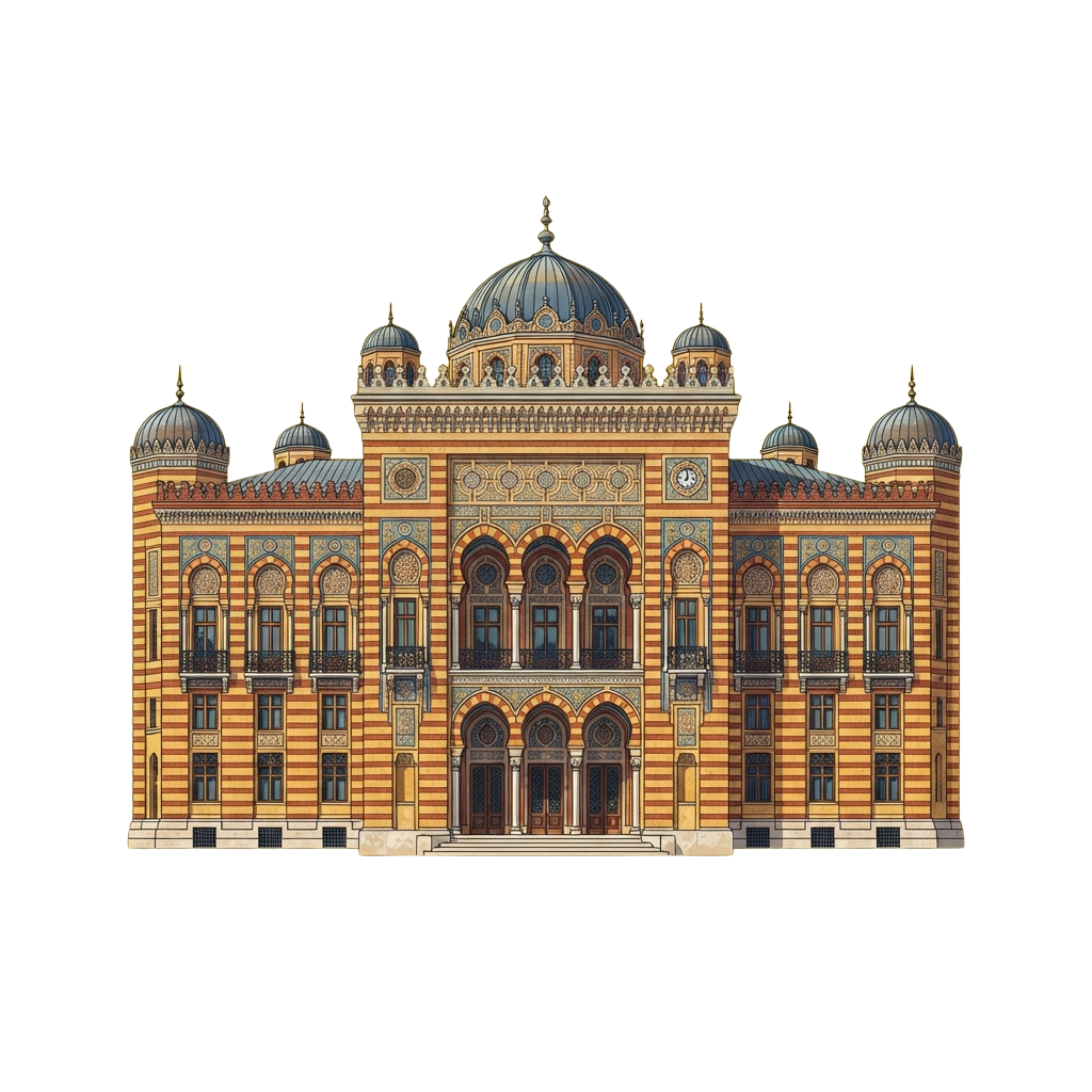 Grand historic building featuring intricate mosaic patterns, arched windows, and multiple domes with gold accents