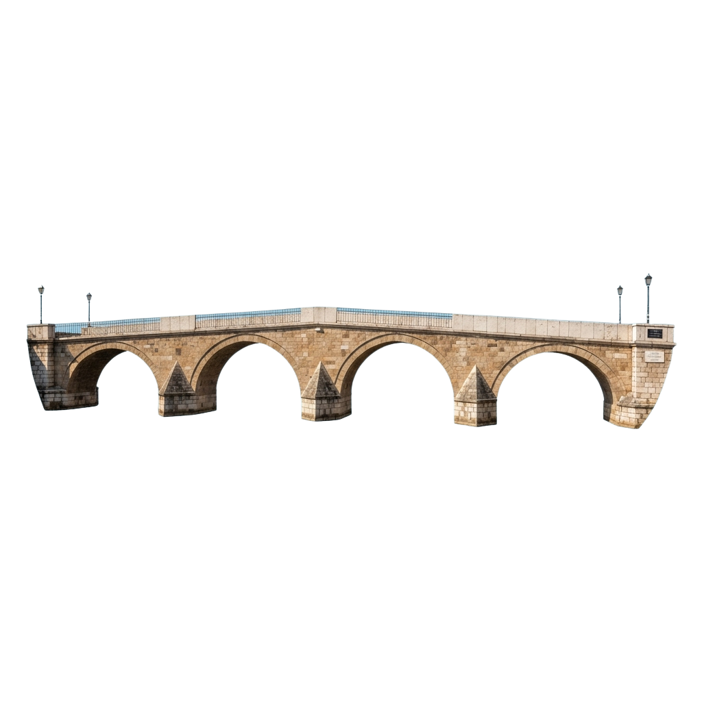 A stone bridge featuring five arches and decorative street lamps on both ends against a dark background
