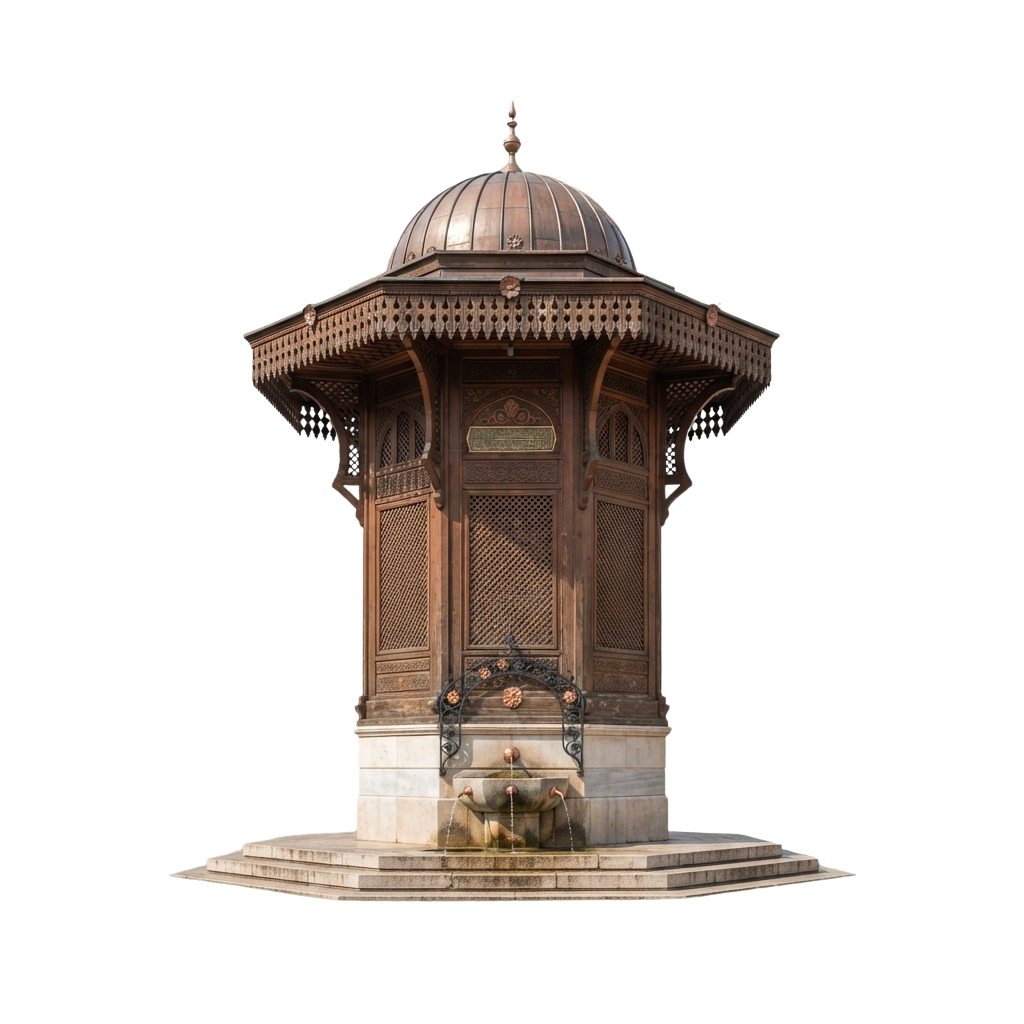 An intricately designed fountain with a dome roof and an elephant spout figure at the base.