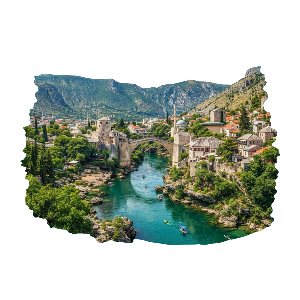 Historic stone bridge spanning a river with traditional buildings and lush greenery on both sides, set against mountains