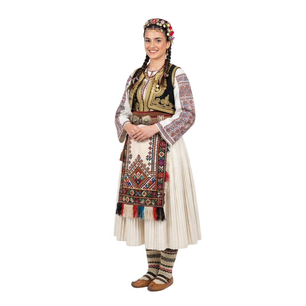 Woman wearing traditional Balkan embroidered folk dress with floral headpiece and long skirt