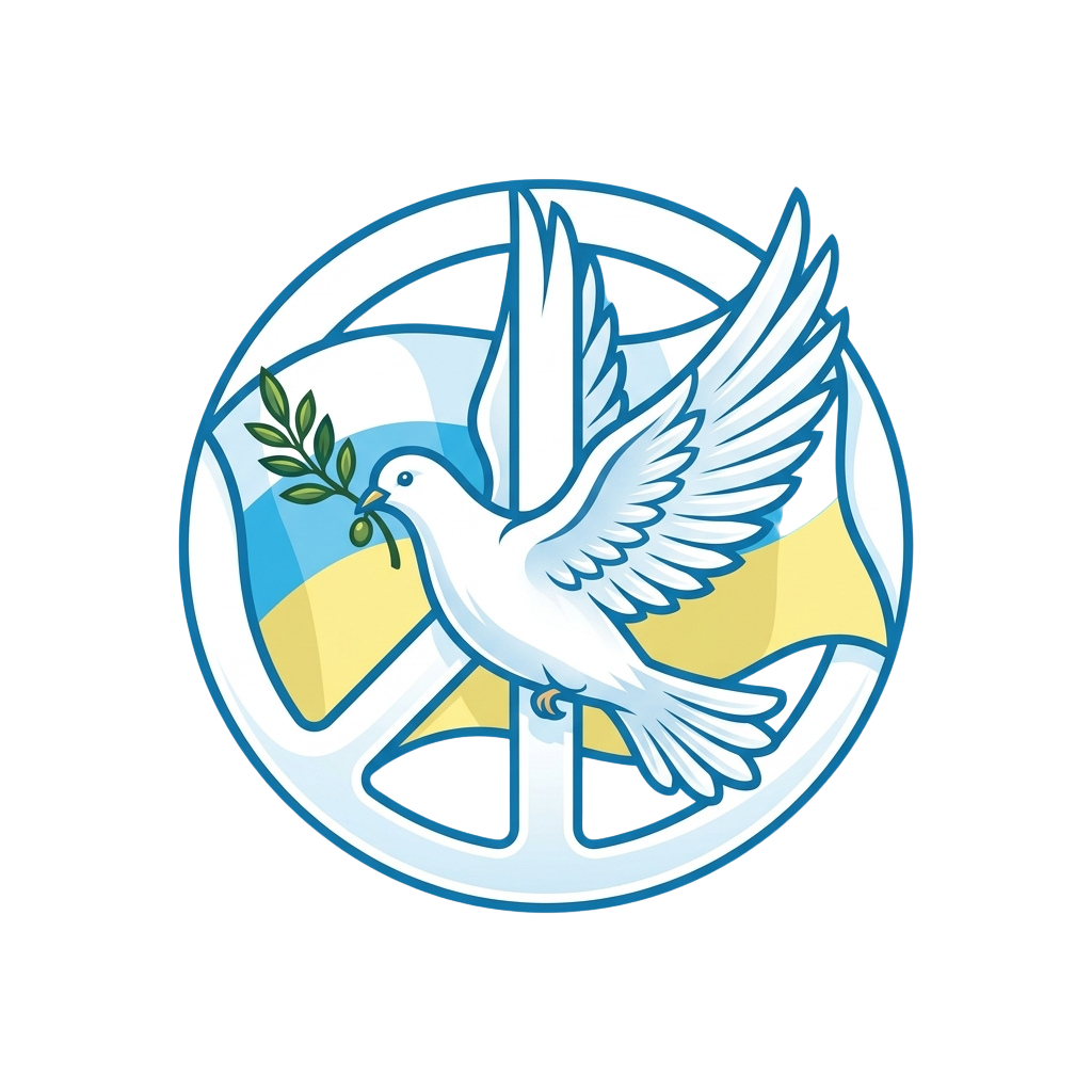 A stylized white dove holding an olive branch, perched on an open scroll with a laurel wreath background