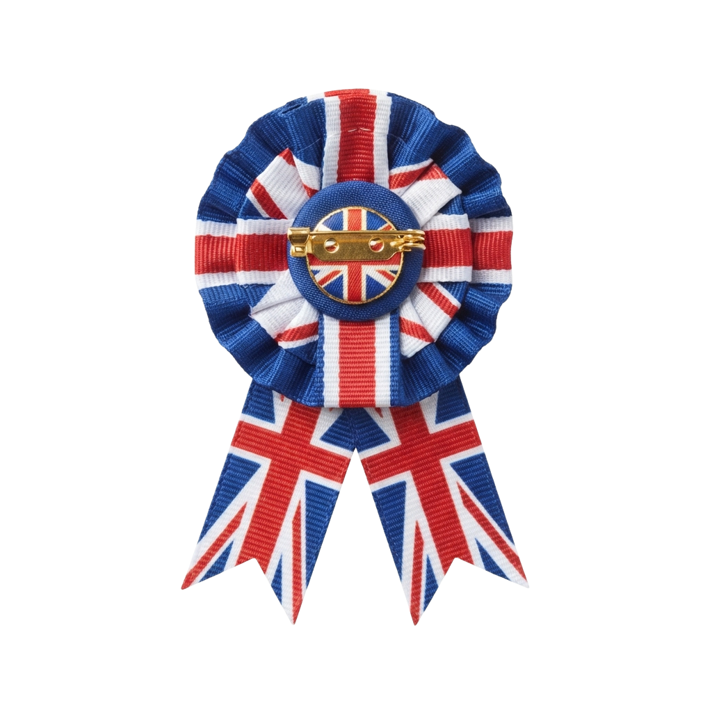 Award pin featuring Union Jack patterned ribbon and a gold-colored safety pin clip