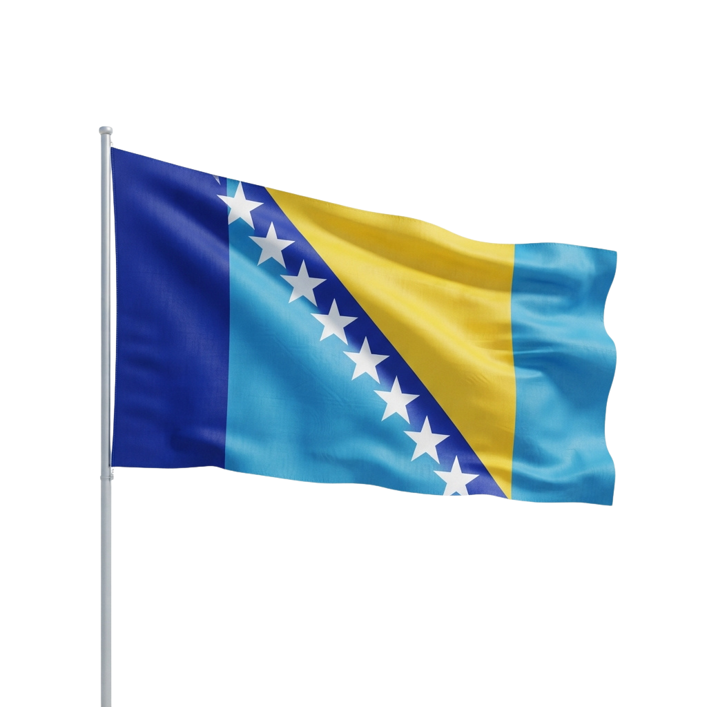 Flag of Bosnia and Herzegovina with blue, yellow, and white stripes and stars on a diagonal yellow band