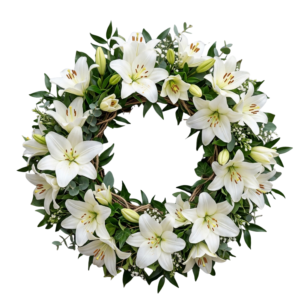 A circular wreath made of white lilies and green foliage against a dark background