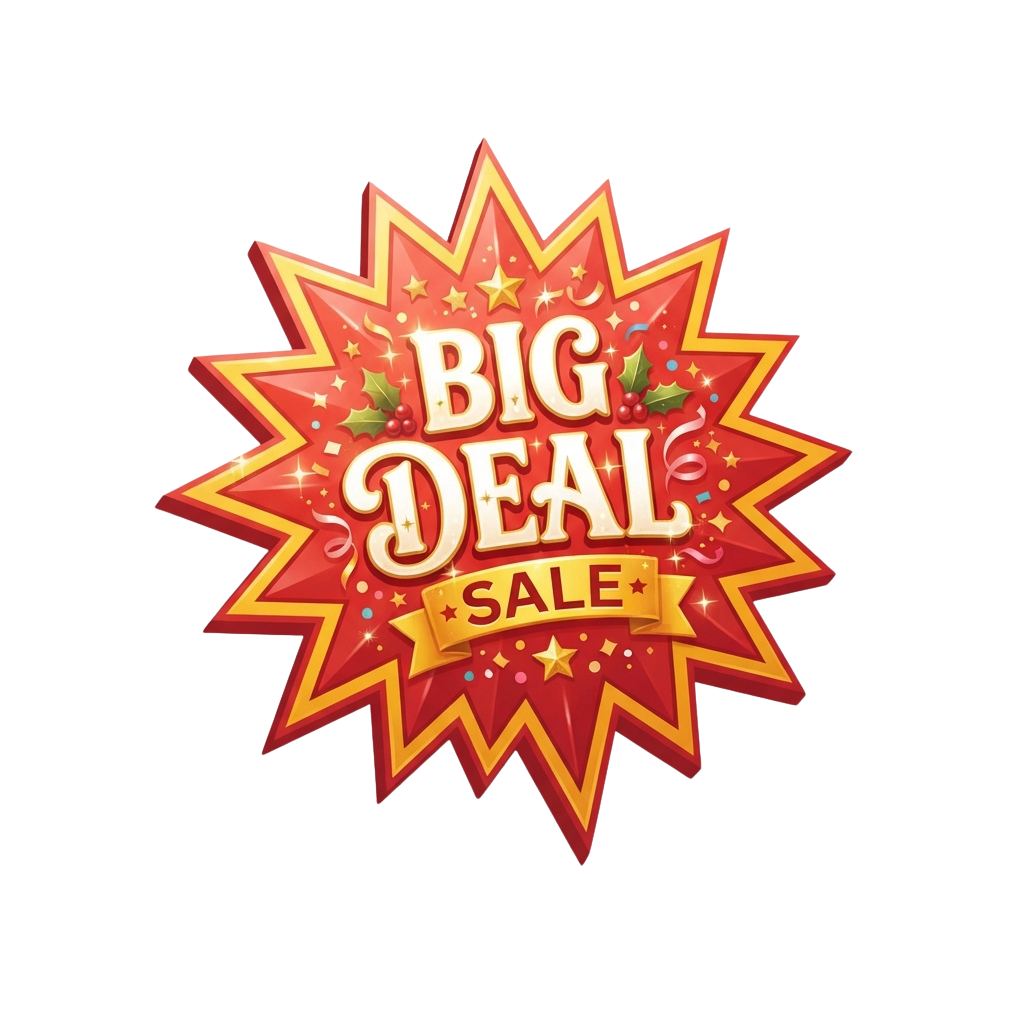 Bright starburst badge with text reading Big Deal Sale, featuring festive stars and confetti