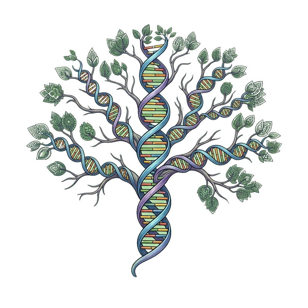 A stylized tree with branches made of DNA double helices and green leaves on a black background