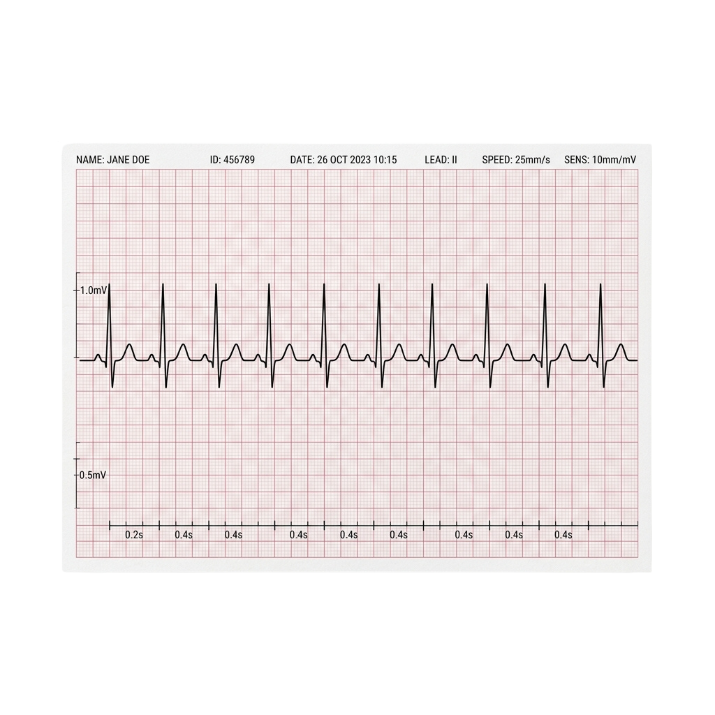 Electrocardiogram strip showing heart rhythm in Lead II with regular intervals and waveforms