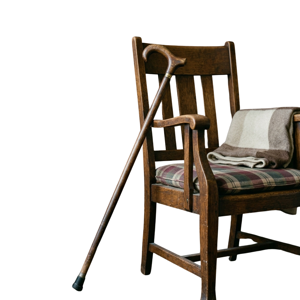 A wooden cane leaning against a wooden chair with a plaid cushion and a plaid throw on an adjacent chair.