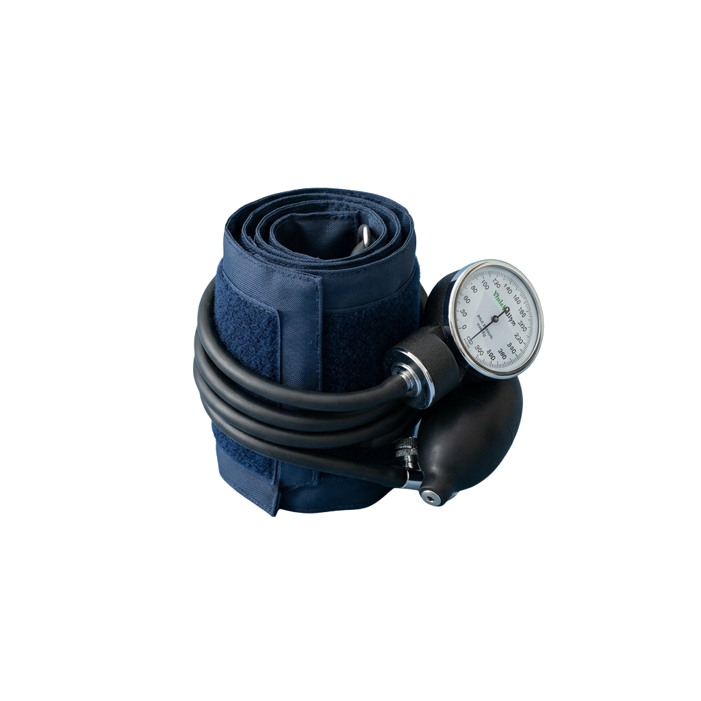 Black blood pressure cuff connected to a manual sphygmomanometer gauge