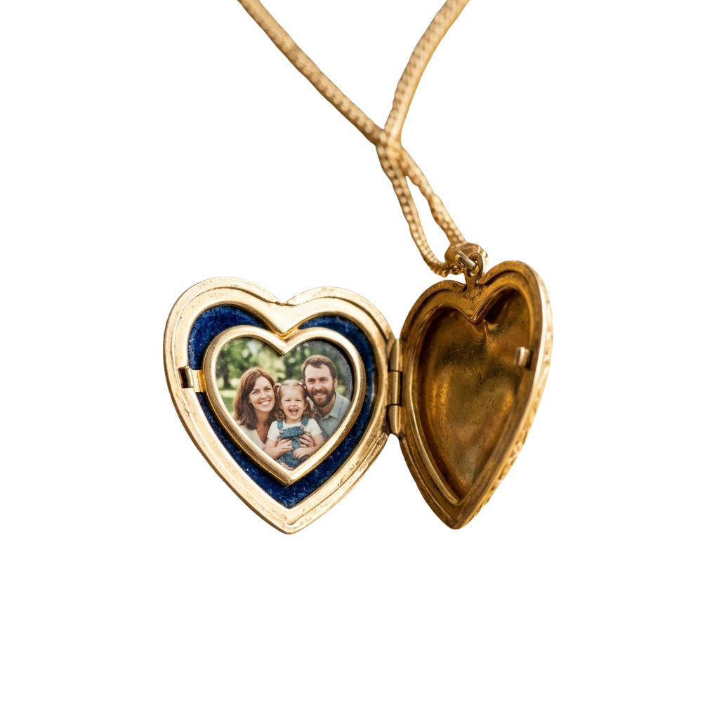 Gold heart-shaped locket necklace open to reveal a family photo inside