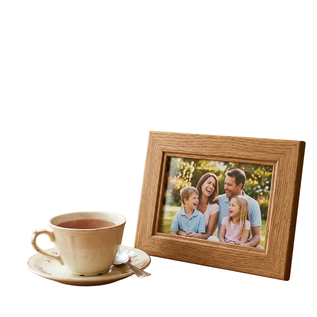 A wooden frame displaying a smiling family of four, next to a cup of tea on a saucer with a sugar cube and spoon