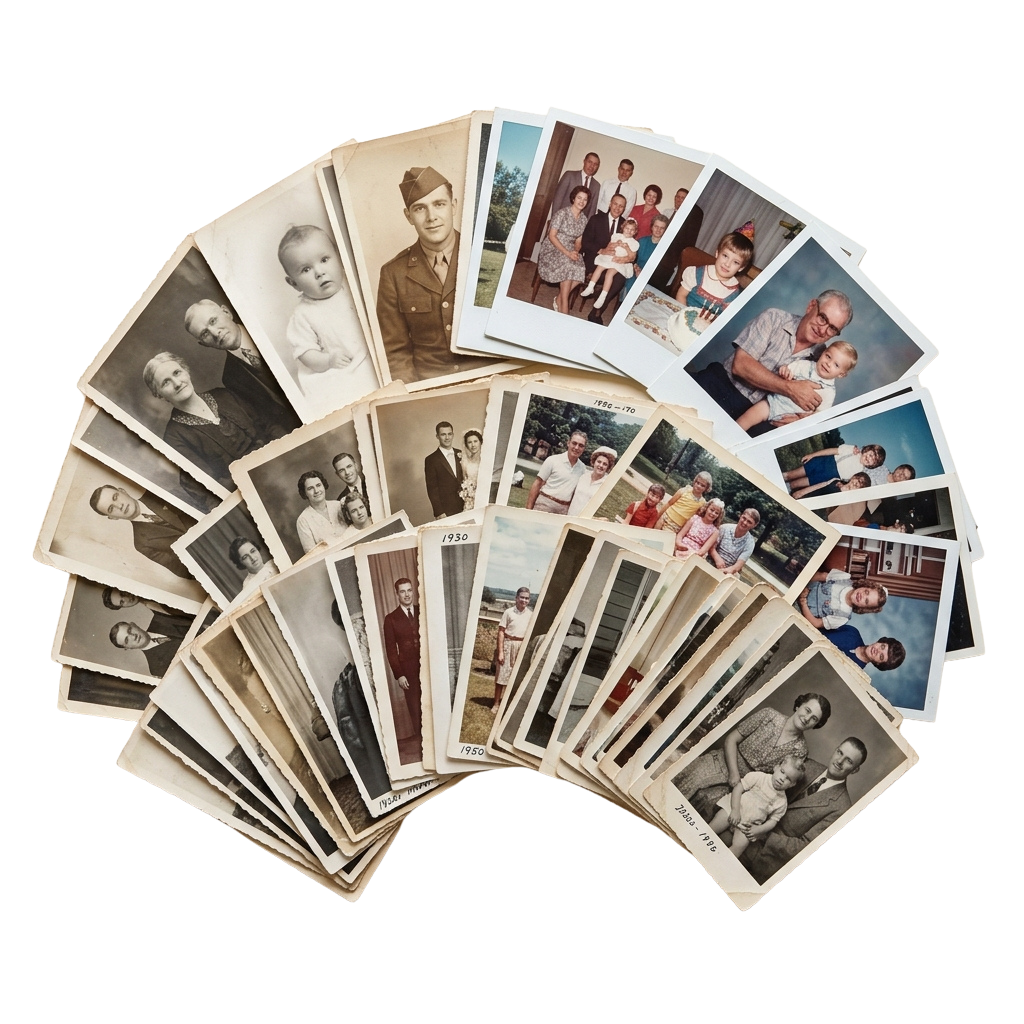 Fan of vintage family photos from mid-20th century showing individuals, couples, and groups