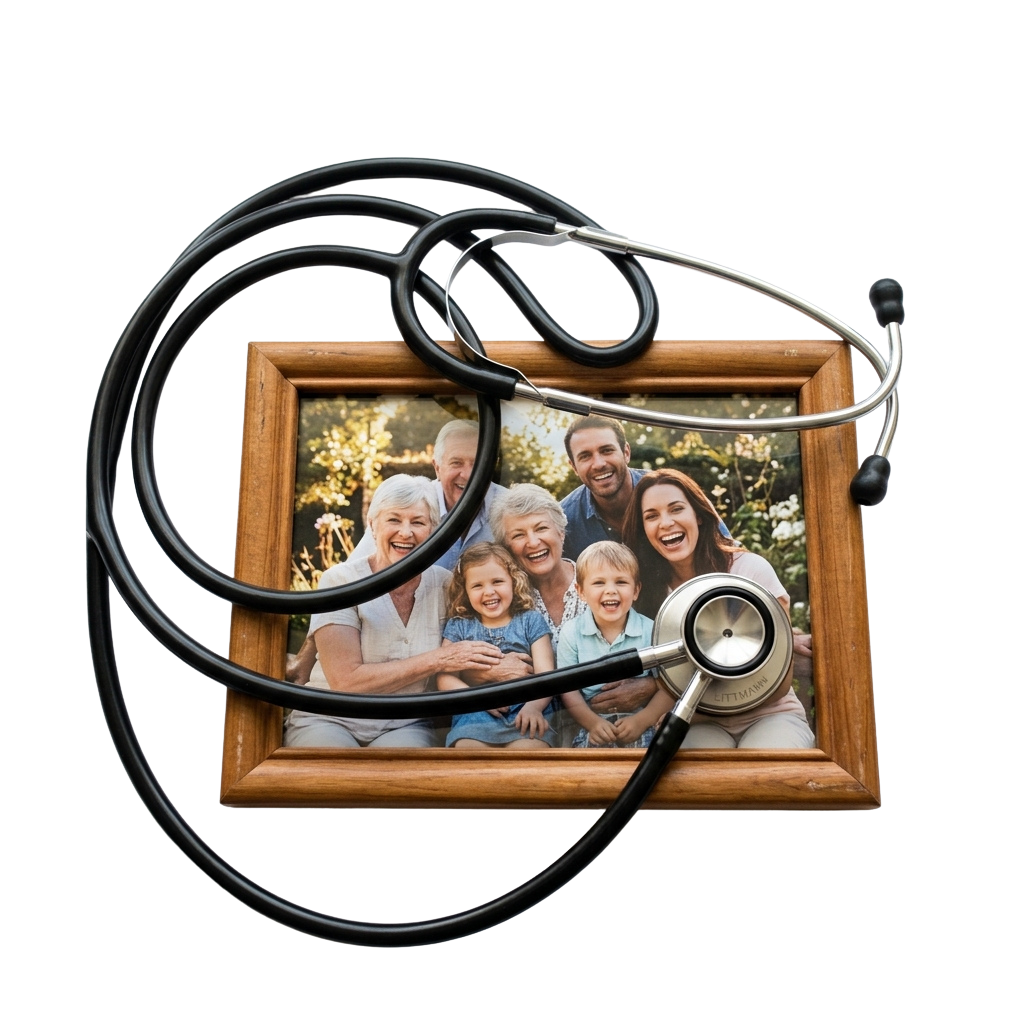 A framed family photo with a stethoscope draped around it symbolizing healthcare and family well-being.