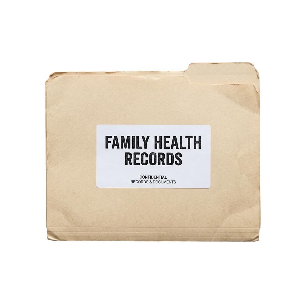 Tan folder labeled Family Health Records with Confidential Records Documents written underneath