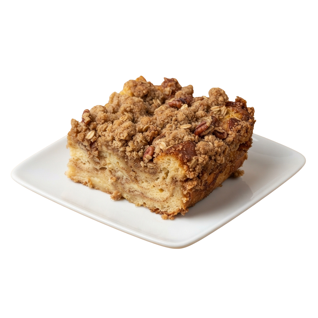 A slice of apple crisp cake with a crumbly oat topping on a white plate