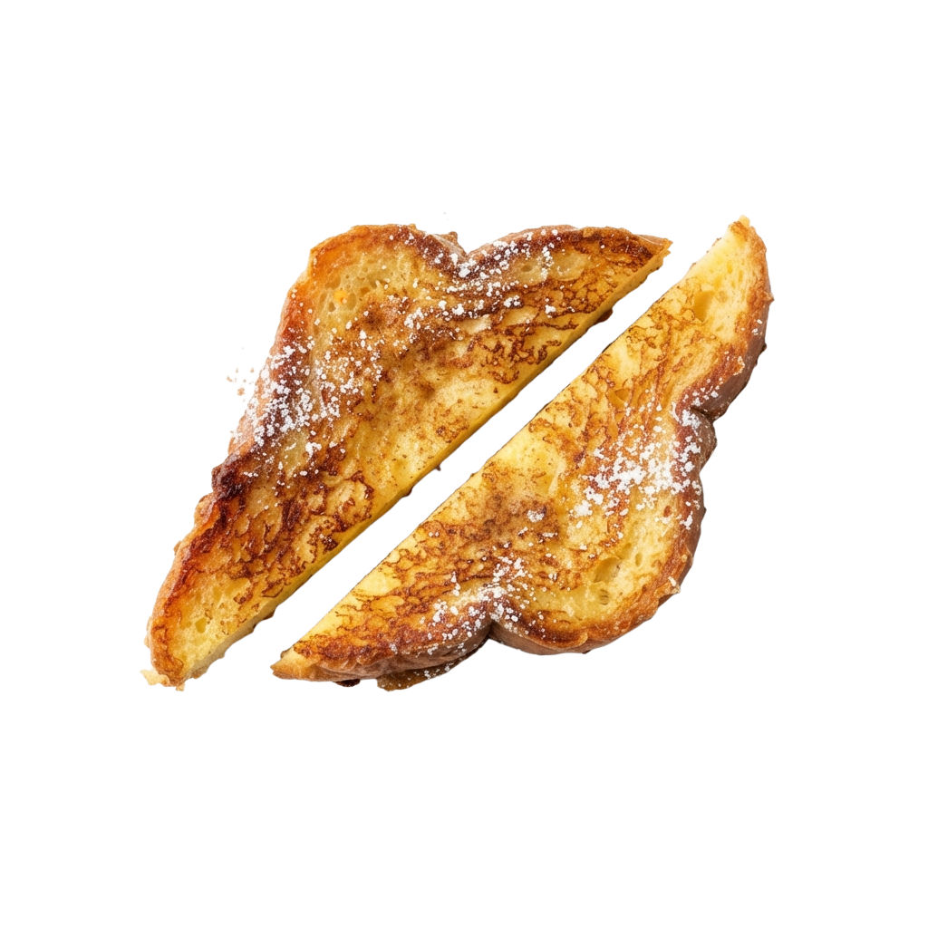 Two pieces of golden brown French toast dusted with powdered sugar on a dark background