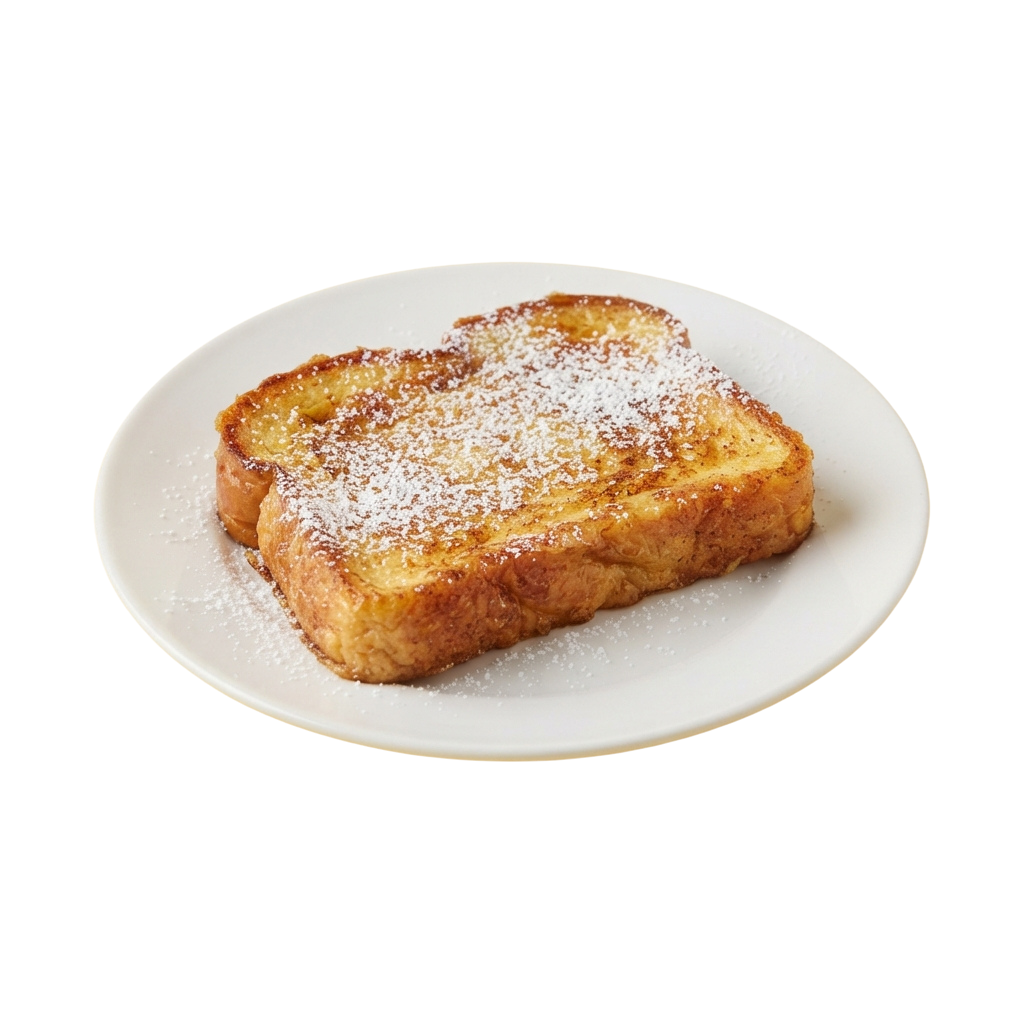 A plate with golden-brown French toast dusted with powdered sugar