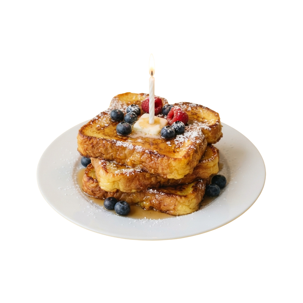 A stack of golden-brown French toast topped with berries and a single lit candle on a white plate