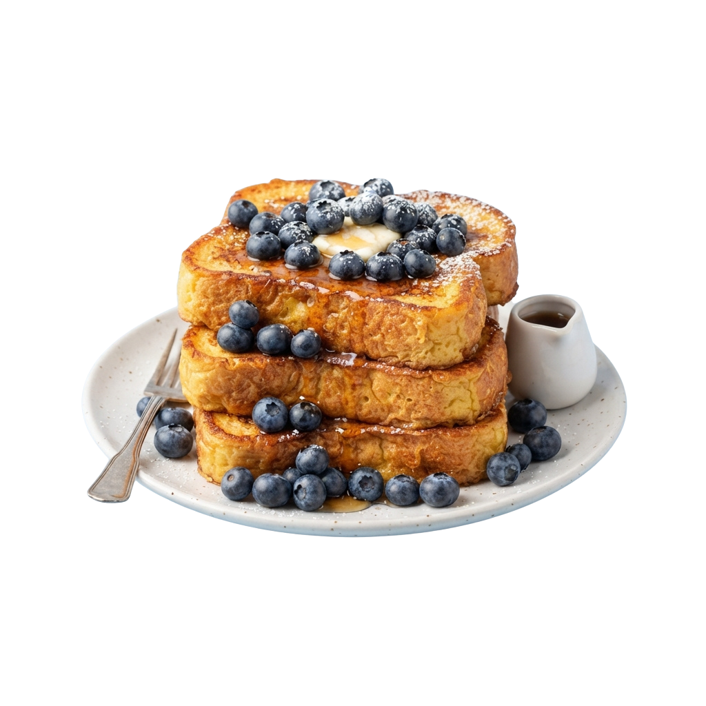 Stack of golden-brown French toast topped with blueberries and drizzled with syrup on a white plate