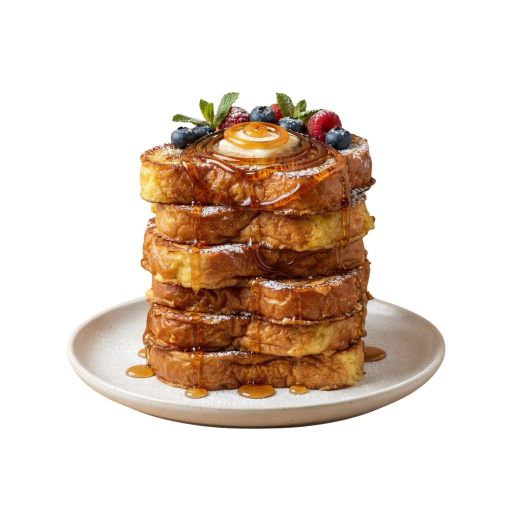 A tall stack of golden-brown cinnamon roll pancakes drizzled with syrup and topped with fresh berries and cream
