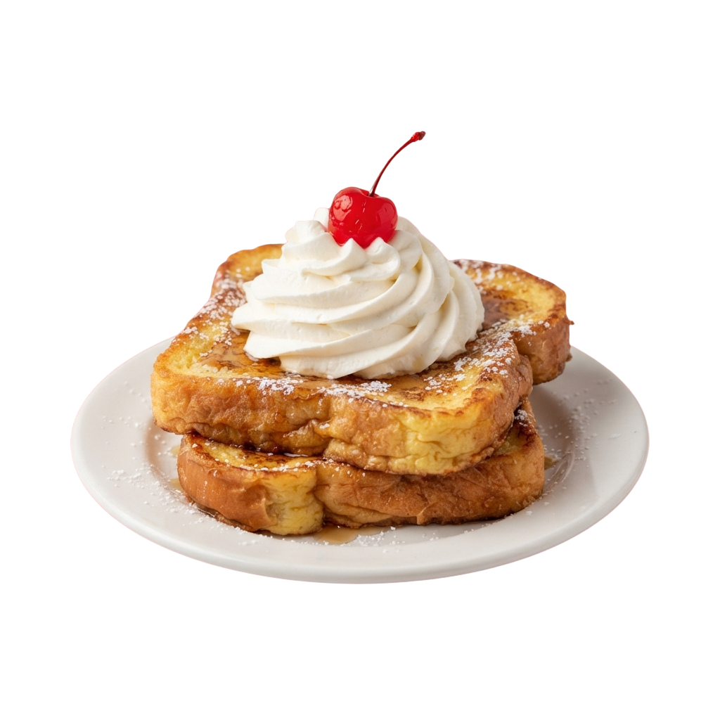 Stack of golden-brown French toast topped with whipped cream and a maraschino cherry on a white plate