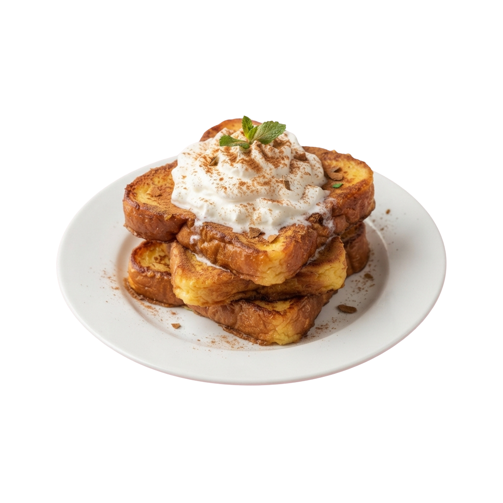 Stack of golden-brown French toast topped with whipped cream and a sprinkle of cinnamon on a white plate