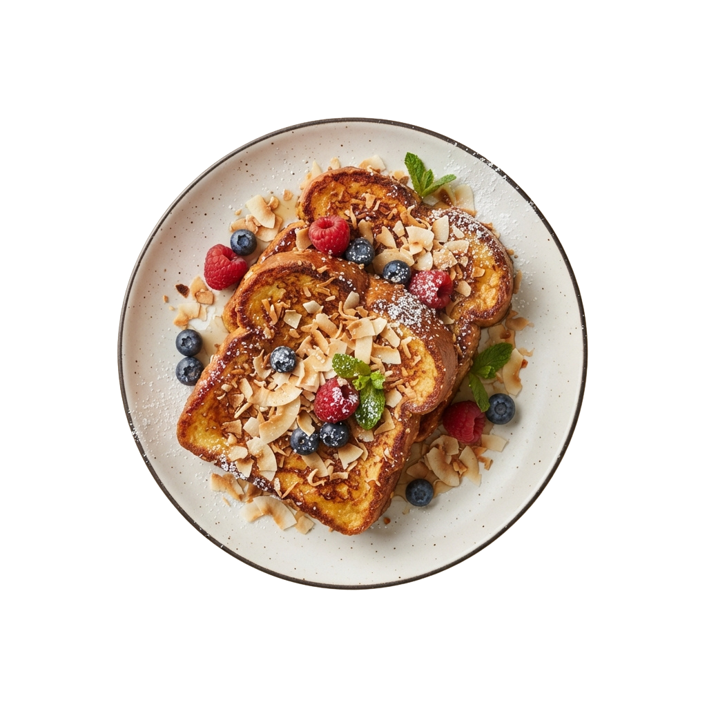 Stack of golden-brown French toast topped with coconut flakes, berries, and powdered sugar on a white plate