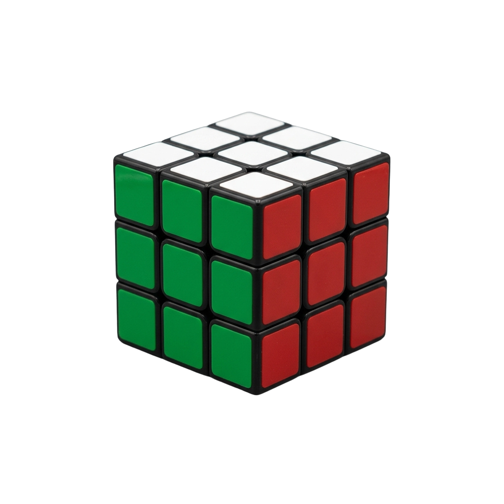 A 3x3 Rubik's Cube with green, red, and white stickers on black edges against a black background