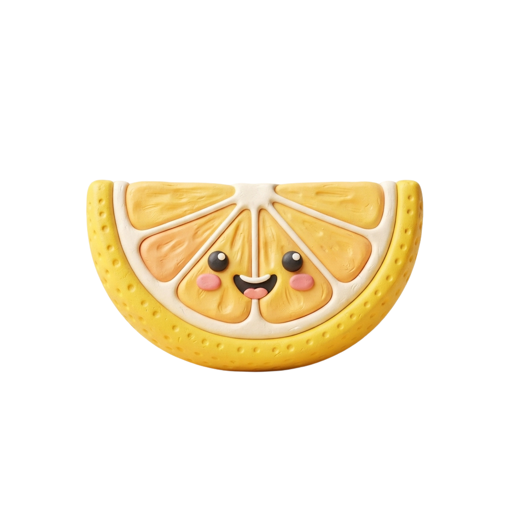 A cheerful lemon slice with a smiling face and black eyes