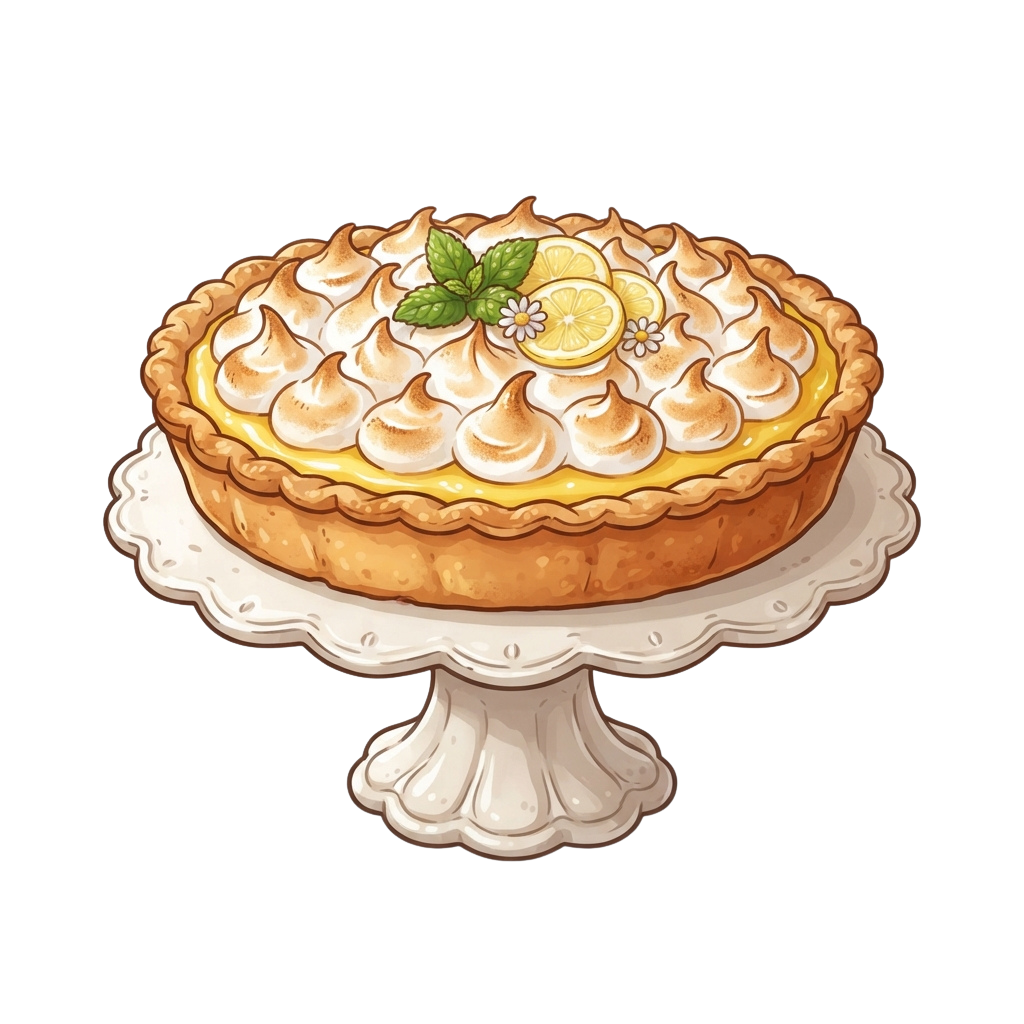 Lemon meringue pie with fluffy white meringue on a decorative cake stand