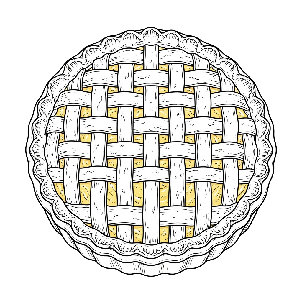 A round pie with a woven lattice crust on top and a golden-brown bottom crust