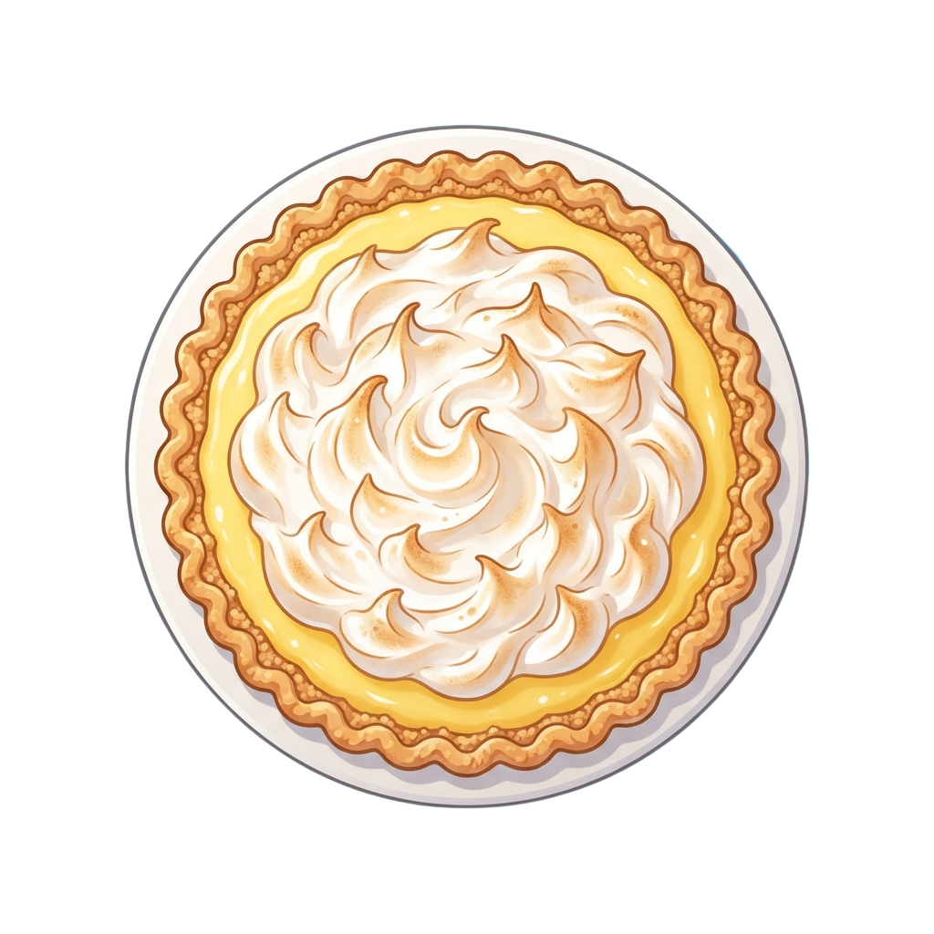 A lemon meringue pie with a golden crust and swirled white meringue topping