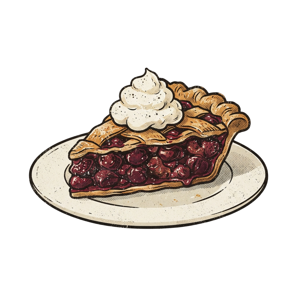 A slice of cherry pie topped with whipped cream on a white plate