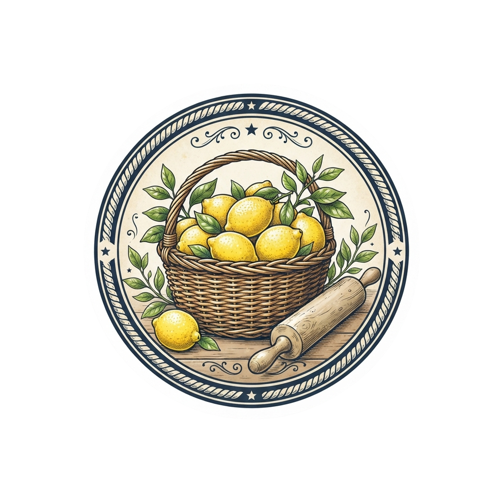 A wicker basket filled with lemons and a wooden rolling pin on a rustic wooden surface with decorative borders