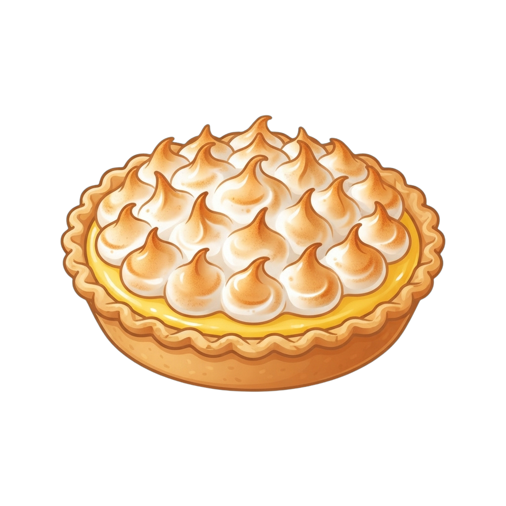 A flaming lemon meringue pie with golden crust and white meringue peaks on fire
