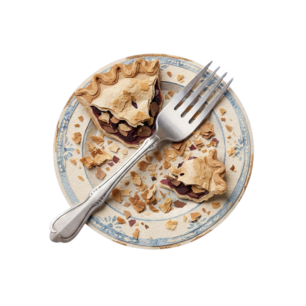 A white decorative plate with remnants of pie and crumbs, alongside a fork and spoon.