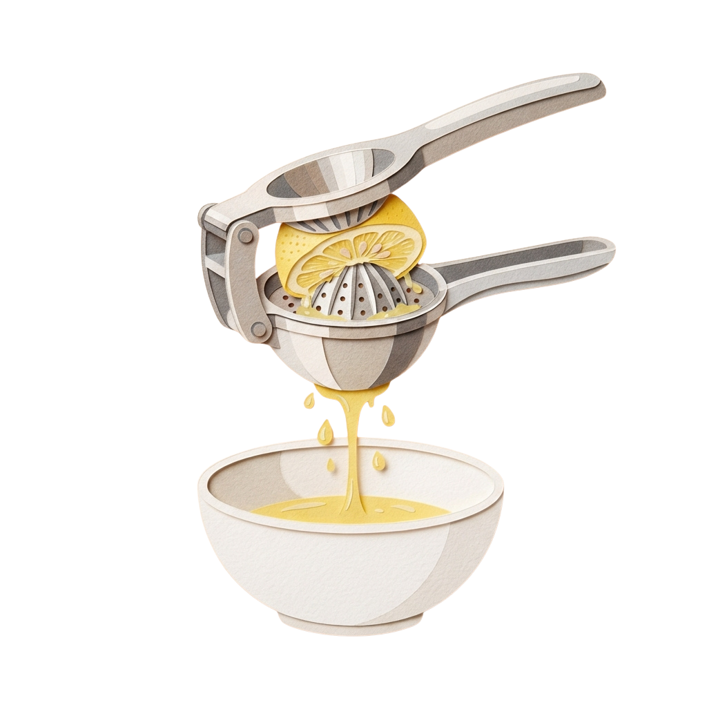 A manual citrus juicer pressing a lemon into a bowl, releasing yellow juice