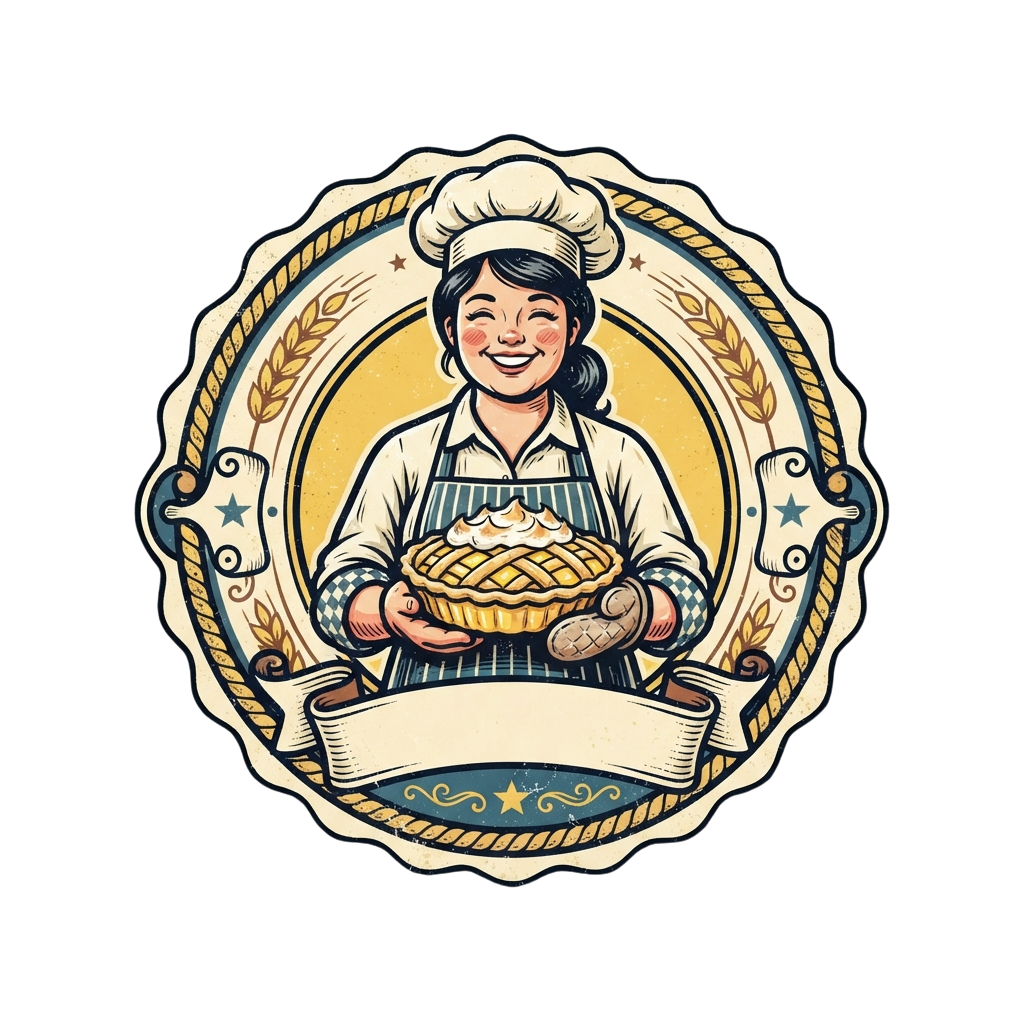 Illustration of a smiling chef in a hat and apron holding a braided bread loaf