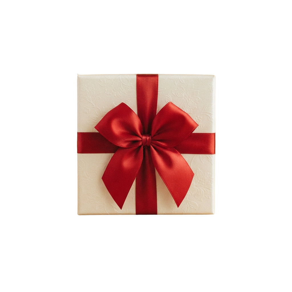 A neatly wrapped gift box tied with a large red satin bow on a white background