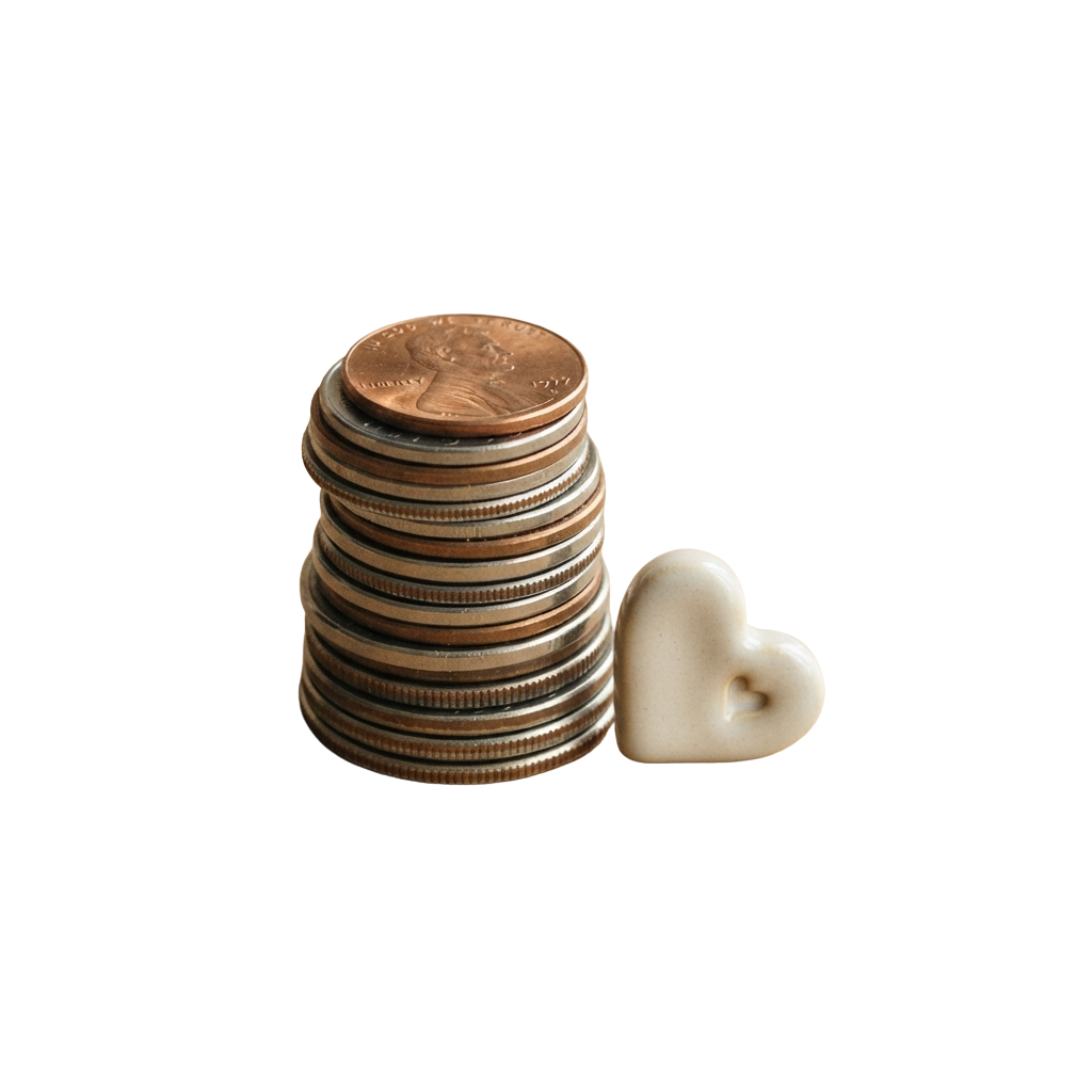 A stack of copper-colored coins with a small heart-shaped tooth next to it