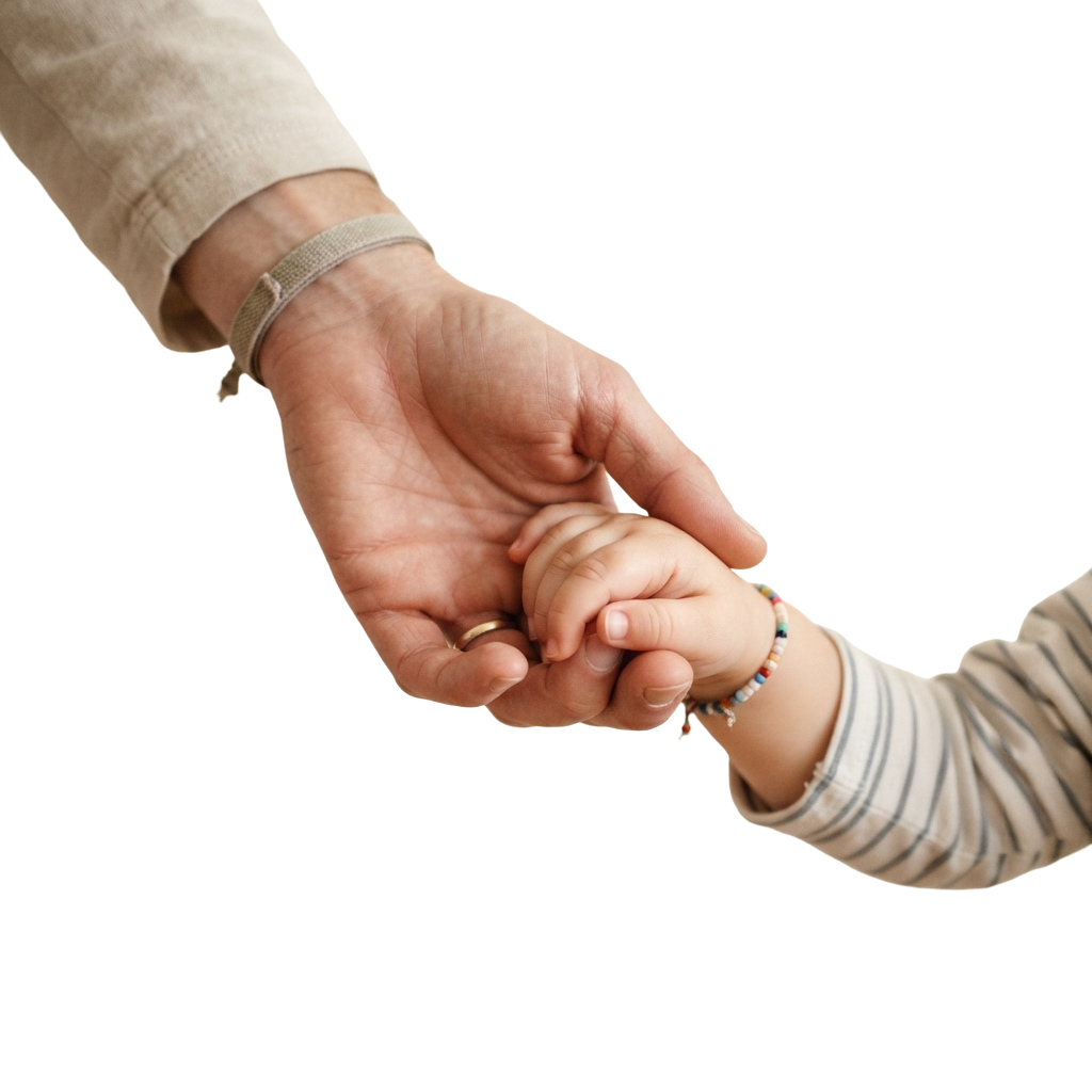 An adult holding a baby’s hand gently with both hands for support.