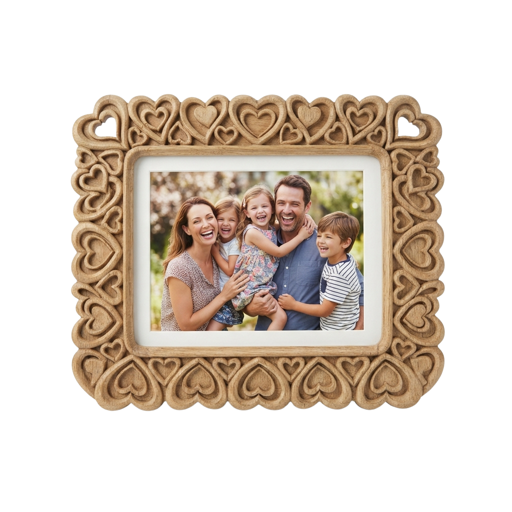 A family of four smiling together inside a decorative wooden frame with heart cutouts