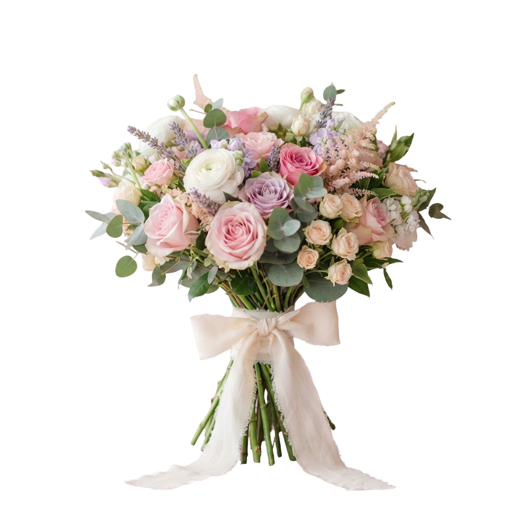 A beautifully arranged bouquet of pastel roses and flowers tied with a light ribbon and white fabric.