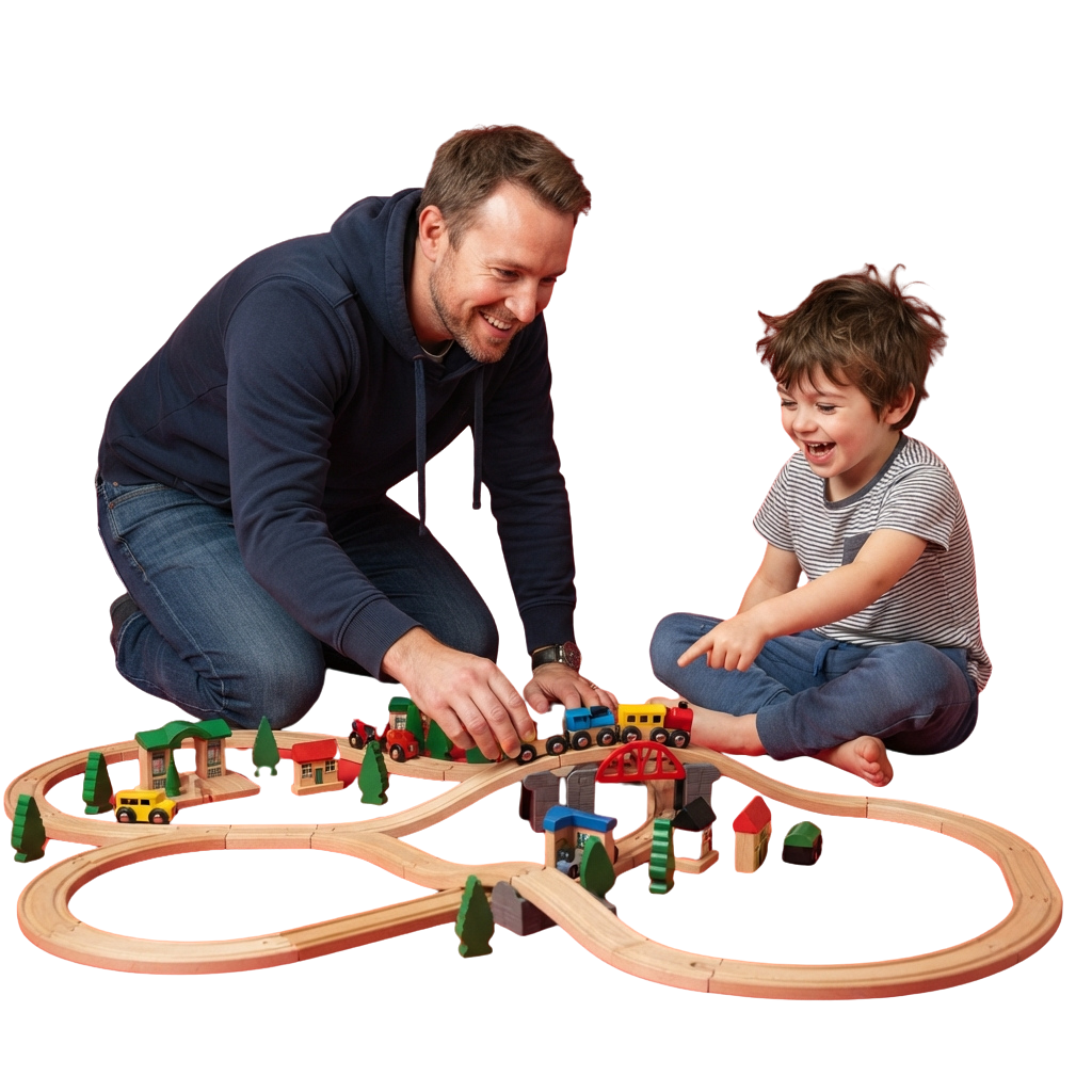 Adult and young child smiling while playing with a wooden train track and toy train.