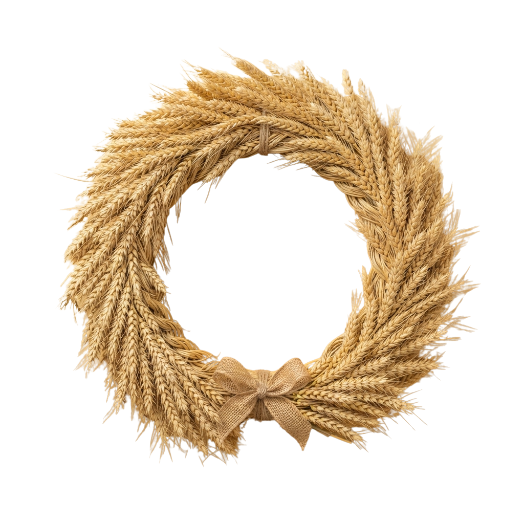 A circular wreath made of golden wheat stalks tied with a beige ribbon.
