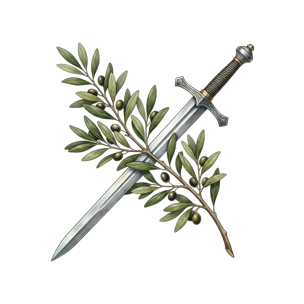 A detailed illustration of a sword crossed behind an olive branch with green leaves and olives.